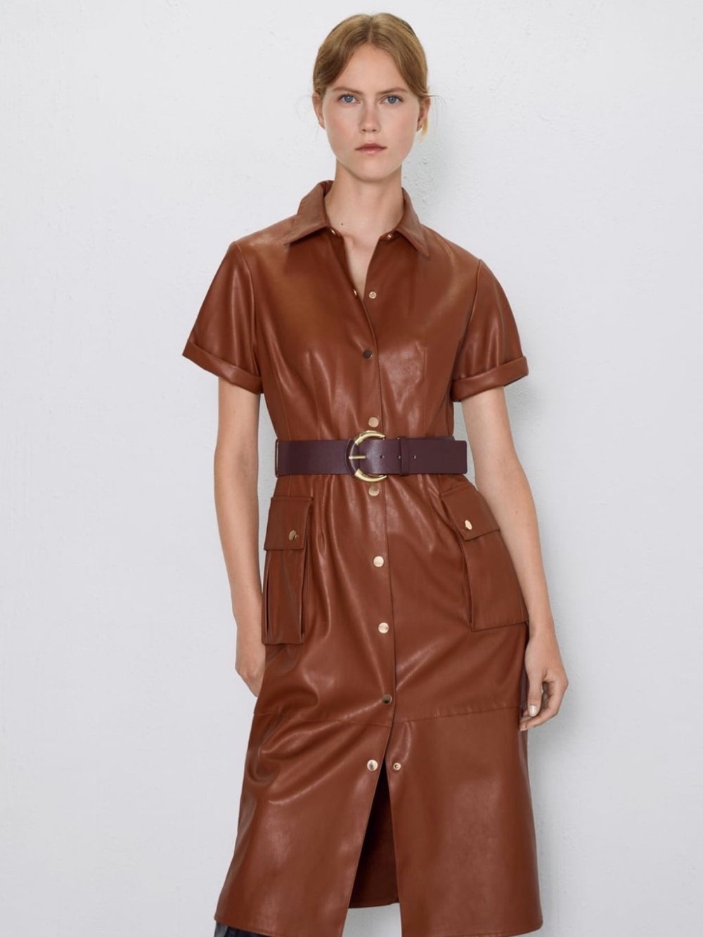 Zara Brown Faux Leather / Suede Dress - Size L